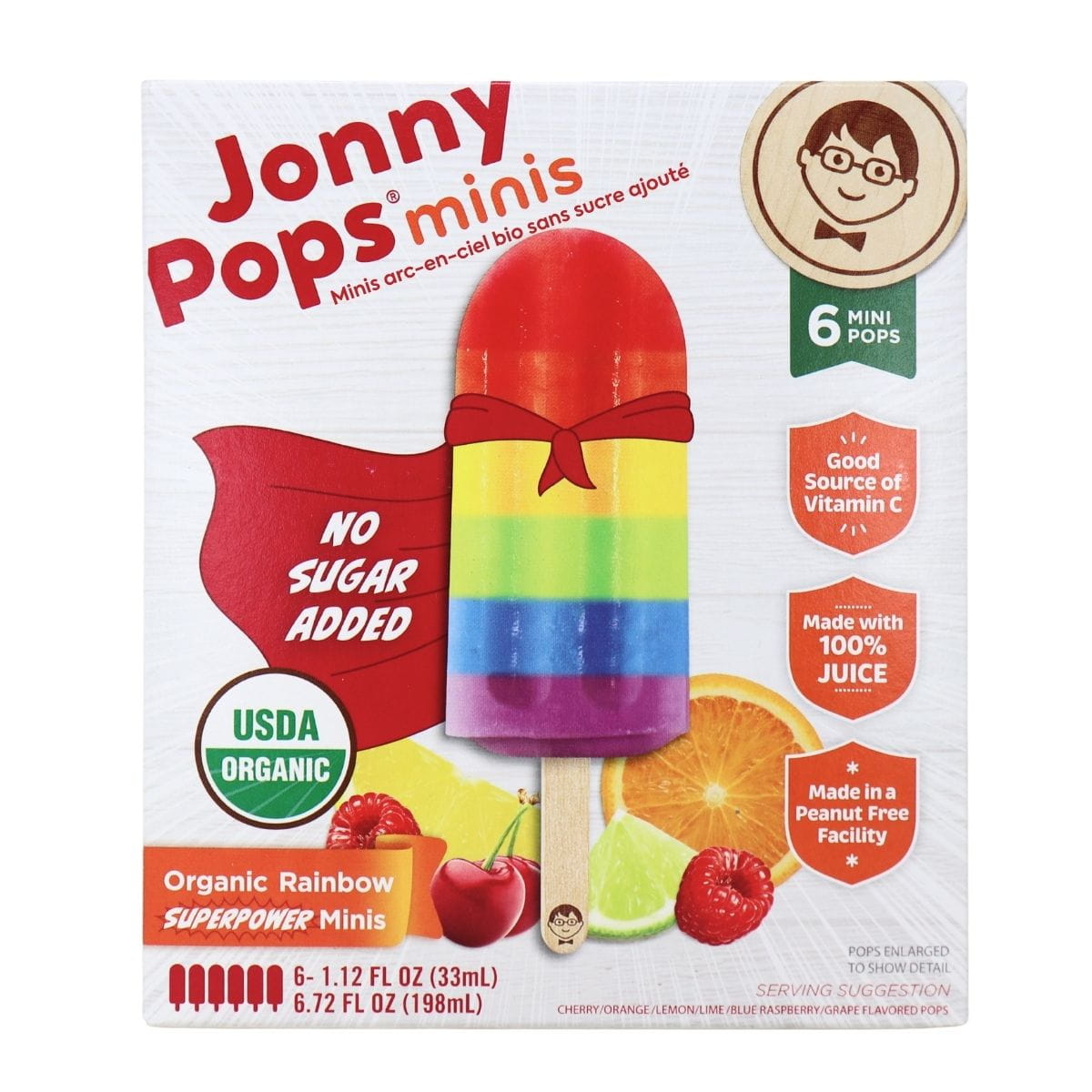 JonnyPops No Sugar Added Organic Rainbow Superpower Minis, 6 Pack