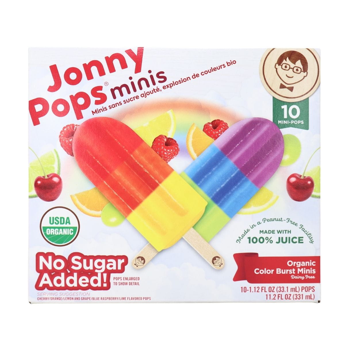 JonnyPops No Sugar Added Organic Colour Burst Minis, 10 Pack