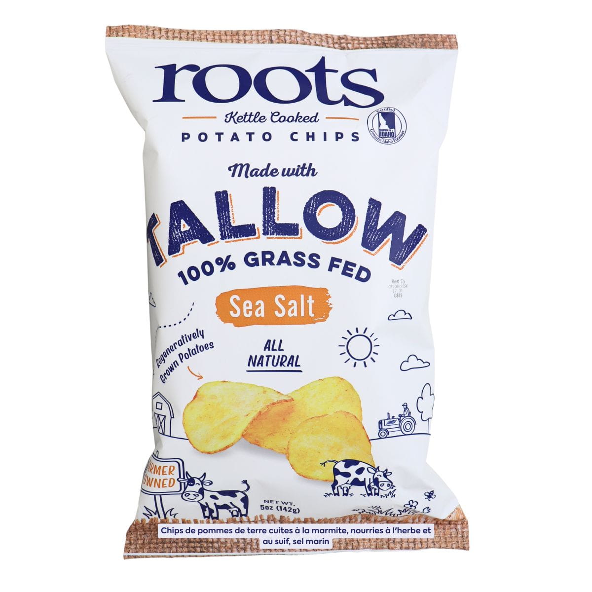 Roots Kettle Cooked in 100% Grass-Fed Tallow Potato Chips Sea Salt, 142g