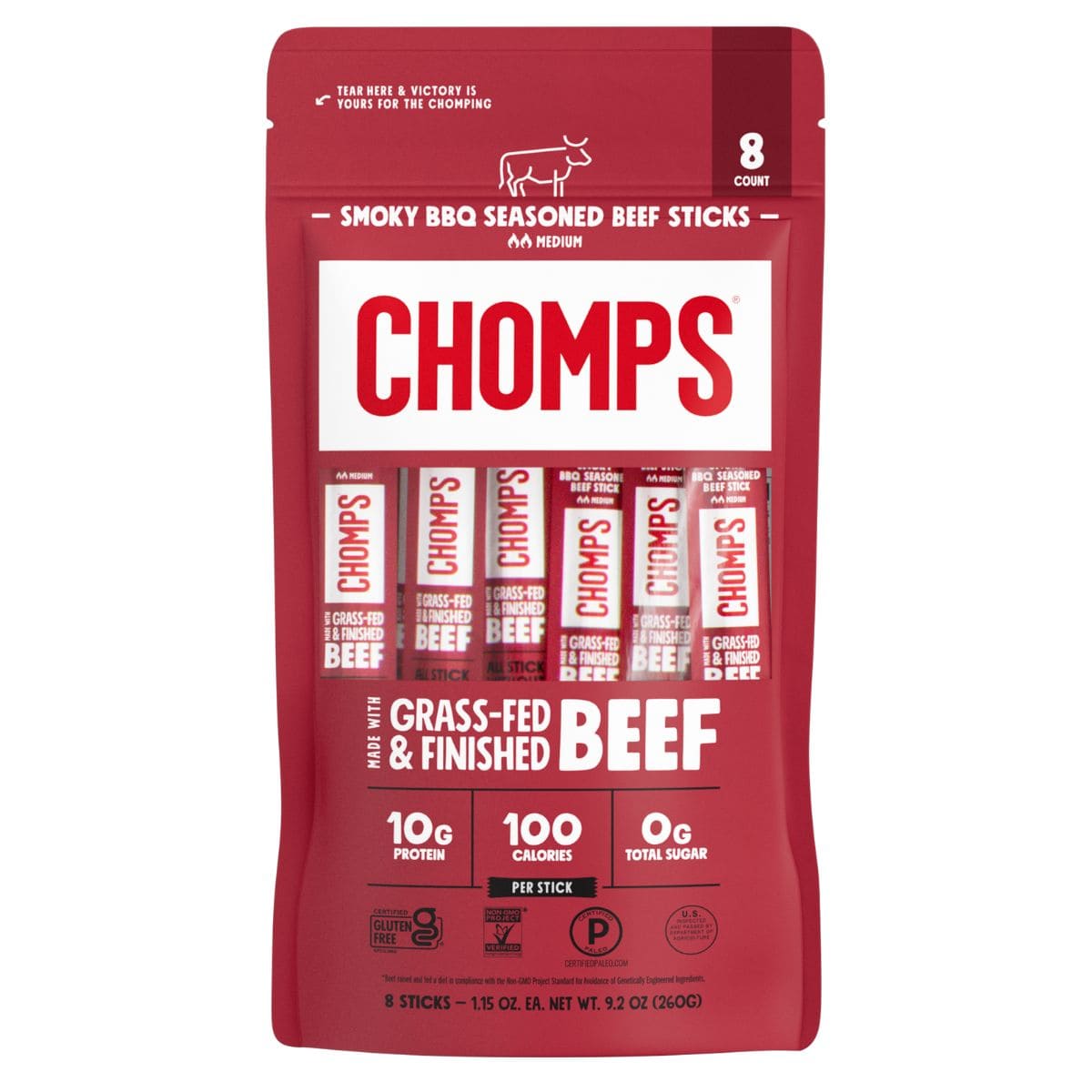 Chomps Grass-Fed Beef Jerky Stick Smoky BBQ, 8 Sticks