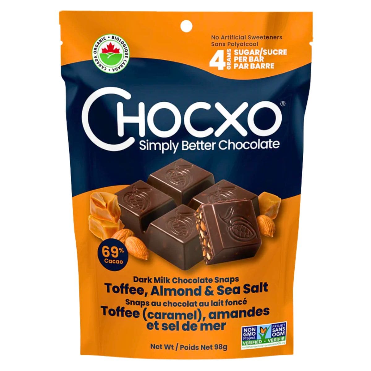 ChocXO Snaps 69% Dark Milk Chocolate Toffee, Almond, &amp; Sea Salt, 98g