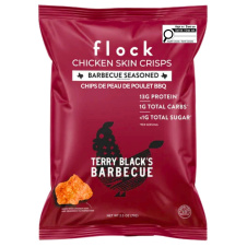 Front of Flock Chicken Skin Crisps BBQ - Chicken Skin Chips - Chicken Chips - Keto Protein Chips