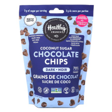 Front of Healthy Crunch Vegan Chocolate Chips Dark Chocolate Coconut Sugar Allergen Free Chocolate Paleo