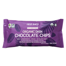 Front of Just Date Organic Dark Chocolate Chips Date Sweetened Chocolate Chips Date Chocolate Chips No Sugar Added Chocolate Chips