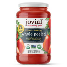 Front of Jovial Organic Whole Peeled Tomatoes - No Added Sugar Tomato Sauce - Italian Peel Tomatoes - Natural Tomato Sauce
