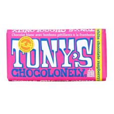 Front of Tony's Chocolonely White Chocolate Raspberry, 180g