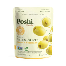 Front of Poshi Premium Green Pitted Olives with Lemon & Rosemary, 30g
