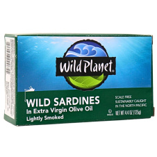 Front 1 of Wild Planet Non-GMO Wild Sardines in Extra Virgin Olive Oil Lightly Smoked, 125g
