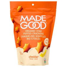 Front of MadeGood Gluten-Free & Organic Star Puffed Crackers Cheddar, 121g