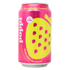 Front of Poppi Prebiotic Soda Strawberry Lemon - Healthy Carbonated Drink - Poppi Prebiotic Soda Benefits - Prebiotic Soda Brands