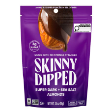 Front of Skinny Dipped Almonds Super Dark + Sea Salt - Low Sugar Snacks - Chocolate Covered - Dark Chocolate Covered Almonds