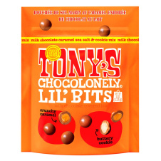 Front of Tony's Chocolonely Milk Chocolate Covered Bits Lil' Bits Sea Salt Caramel Cookie Chocolate