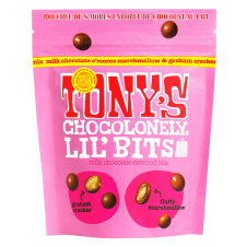 Front of Tony's Chocolonely Milk Chocolate Covered Bites Lil' Bits S'mores Chocolate Marshmallow Graham Crackers