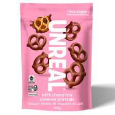 Front of Unreal Snacks Milk Chocolate Covered Pretzels Gluten Free Pretels