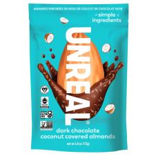 Front of Unreal Dark Chocolate Coconut Almonds Dark Chocolate Covered Almonds
