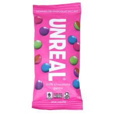 Front of Unreal Milk Chocolate Gems Snack Pack - Gluten Free Chocolate - Non GMO Snack - Fair Trade Chocolate