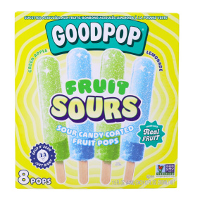 Bonbons aigres Goodpop Fruit Sours enrobés de bonbons acidulés aux fruits, saveurs pomme verte et limonade, 8 pops