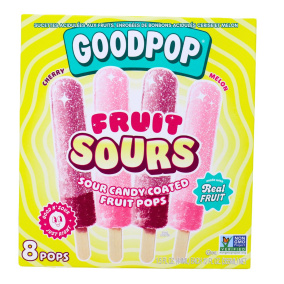 Bonbons aigres Goodpop Fruit Sours enrobés de bonbons aigres aux fruits cerise et melon, 8 pops