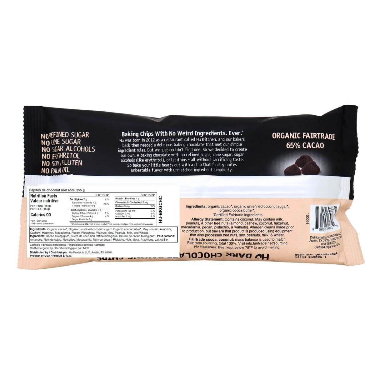 Hu Organic Dark Chocolate Baking Chips - 65% Cacao, 3 Simple Ingredients, Non-GMO