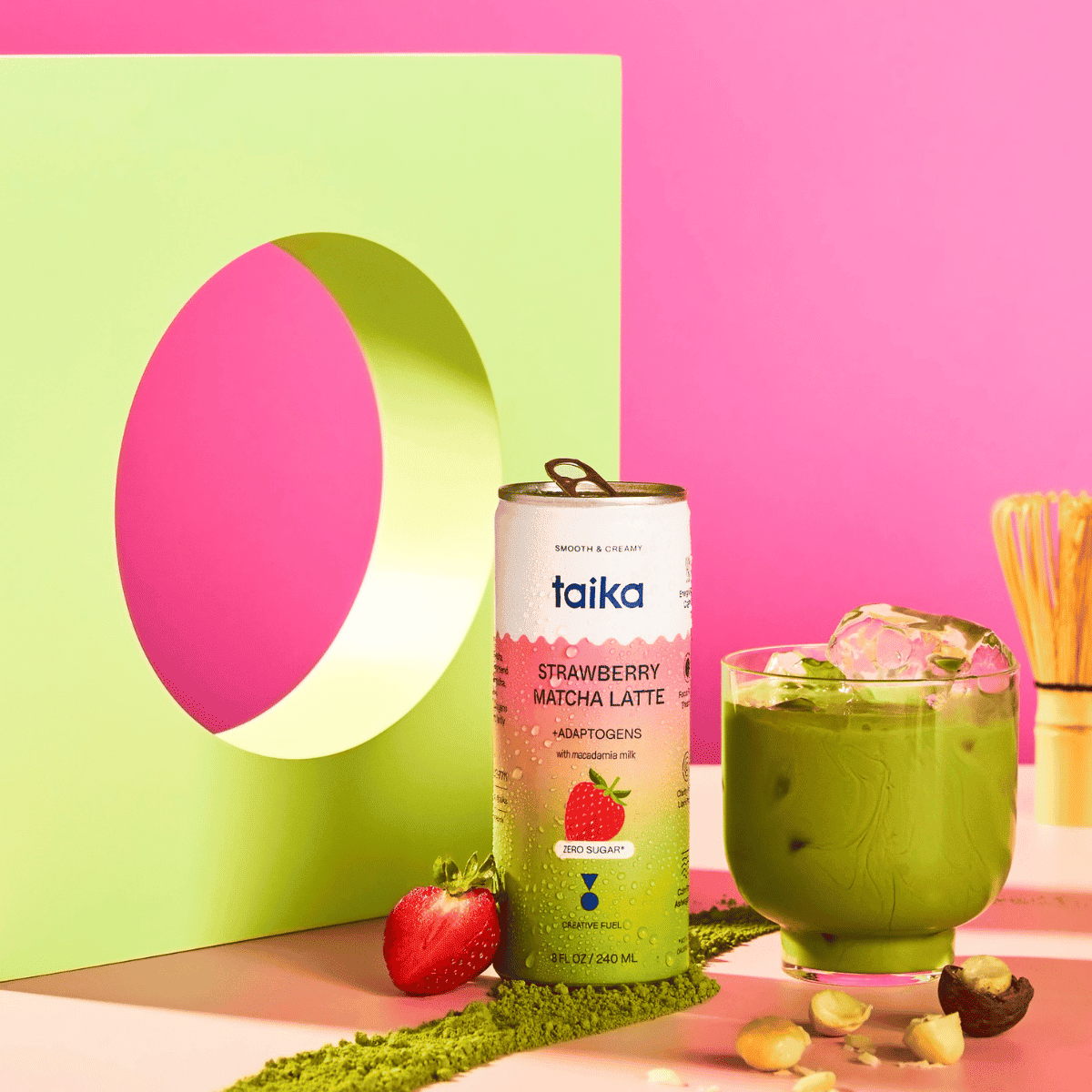 Taika Dairy-Free Canned Matcha Latte With Adaptogens Strawberry at