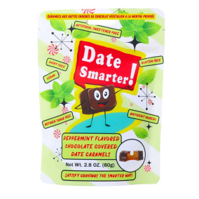 Date Smarter! Vegan Peppermint Flavoured Chocolate Covered Date Caramels Front