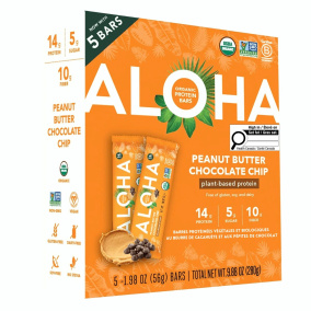 Front of ALOHA Protein Bar Organic Gluten-Free Vegan Protein Bar Peanut Butter Chocolate Chip Protein Bar