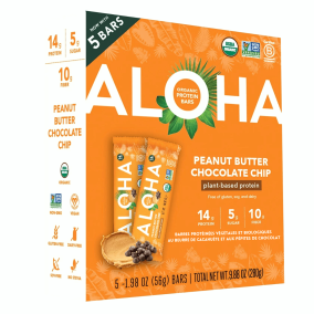 Front of ALOHA Protein Bar Organic Gluten-Free Vegan Protein Bar Peanut Butter Chocolate Chip Protein Bar