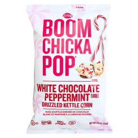 Front of Angie's BOOMCHICKAPOP White Chocolate Peppermint Flavoured Kettle Corn