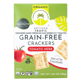 Front of Artisan Tropic Crackers - Gluten Free Crackers - Grain Free Crackers - Healthy Crackers - Plantain Crackers - Tomato Herb Crackers