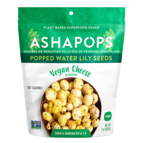Front of AshaPops Popped Lily Seeds - Popped Lotus Seeds - Puffed Water Lily Seeds - Vegan Cheese Puffs