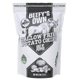 Front of Beefy’s Own Tallow Fried Potato Chips Salt N’ Pepper - Beef Tallow Potato Chips - Tallow Fried Chips - Potato Chips Fried In Beef Tallow