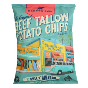 Front of Beefy’s Own Tallow Fried Potato Chips Salt N’ Vinegar - Beef Tallow Chips - Beef Tallow Potato Chips - Tallow Fried Chips