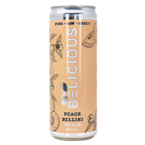 Front of Belicious Raw Honey Sparkling Water Peach Bellini