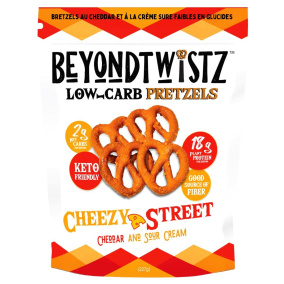 Front of Beyond Twistz High Protein Keto Pretzels Cheezy Street Cheddar Cheese Sour Cream -  Healthy Pretzel Snack - Low Carb Chips - Low Carb Pretzel