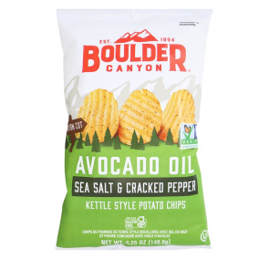Front of Boulder Canyon Kettle Style Potato Chips With Avocado Oil Sea Salt Cracker Pepper