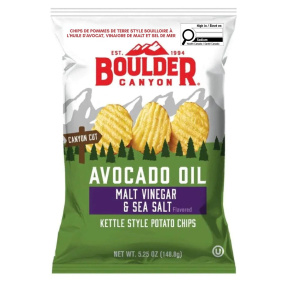 Front of Boulder Canyon Kettle Style Potato Chips With Avocado Oil Malt Vinegar & Sea Salt