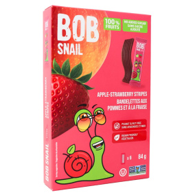 Front of Bob Snail Healthy Dried Fruit Snacks Natural Fruit Snack Fruit Leather Fruit Stripes Apple Strawberry