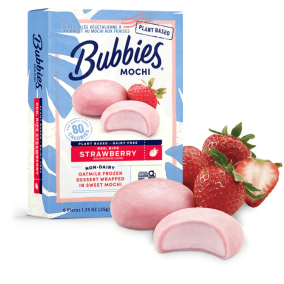 Front of Bubbies Vegan Non-Dairy Oatmilk Icecream in Mochi Strawberry - Dairy-Free Icecream - Vegan Icecream - Plant-Based Icecream