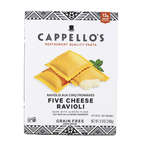Front of Cappello's Gluten-Free Almond Flour Ravioli Five Cheese - Gluten Free Ravioli Canada - Almond Flour Pasta - Gluten-Free Pasta