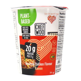 Front of Chef Woo Plant Based Instant Ramen Roasted Chicken