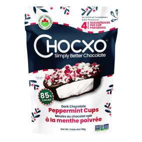 Front of ChocXO 85% Dark Chocolate Peppermint Cups - Chocolate With Candy Cane - Chocolate Peppermint - Low Sugar Chocolates