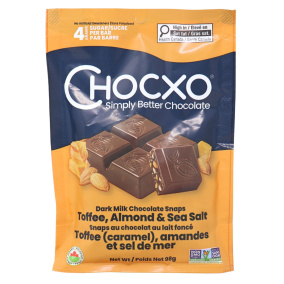 Front of ChocXO Snaps 69% Dark Milk Chocolate Toffee, Almond, & Sea Salt - Chocxo Keto - Keto Chocolate Snacks - Chocolate Keto Snaps