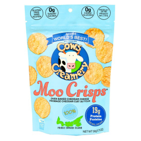 Front of COWS Creamery Moo Crisps Cheddar Cheese Crisps