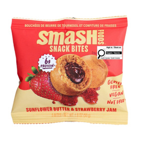 Front of Chia Smash Smash Bites - Protein Energy Bites - Date Protein Balls - Nut Free Protein Bites - Sunflower Butter Strawberry Jam Bites