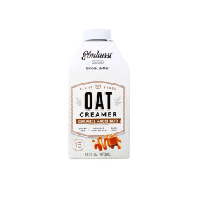 Front of Elmhurst Plant-Based Oat Creamer Caramel Macchiato, 473mL