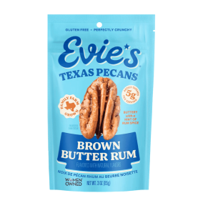 Front of Evies Roasted Texas Pecans Brown Butter Rum - Brown Butter Pecans - Authentic Texas Pecans - Candied Roasted Nuts