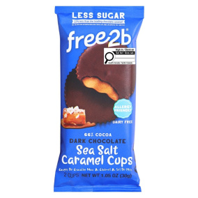 Front of Free2b Dark Chocolate Sea Salt Caramel Cups - Caramel Chocolate Cups - Dark Chocolate Cups - Dairy Free Chocolate - Nut Free Chocolate