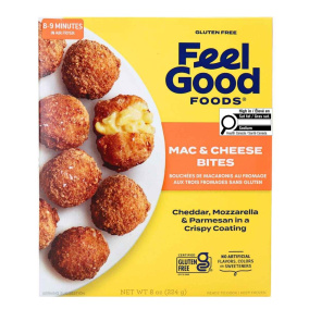 Front of Feel Good Foods Gluten-Free Three Cheese Mac & Cheese Bites - Three Cheese Snack - Gluten Free Freezer Snack - Comfort Food Bites