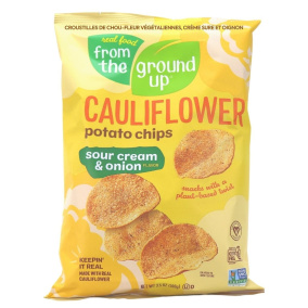 Front of From The Ground Up Vegan Cauliflower Potato Chips Sour Cream & Onion, 100g