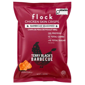 Front of Flock Chicken Skin Crisps BBQ - Chicken Skin Chips - Chicken Chips - Keto Protein Chips